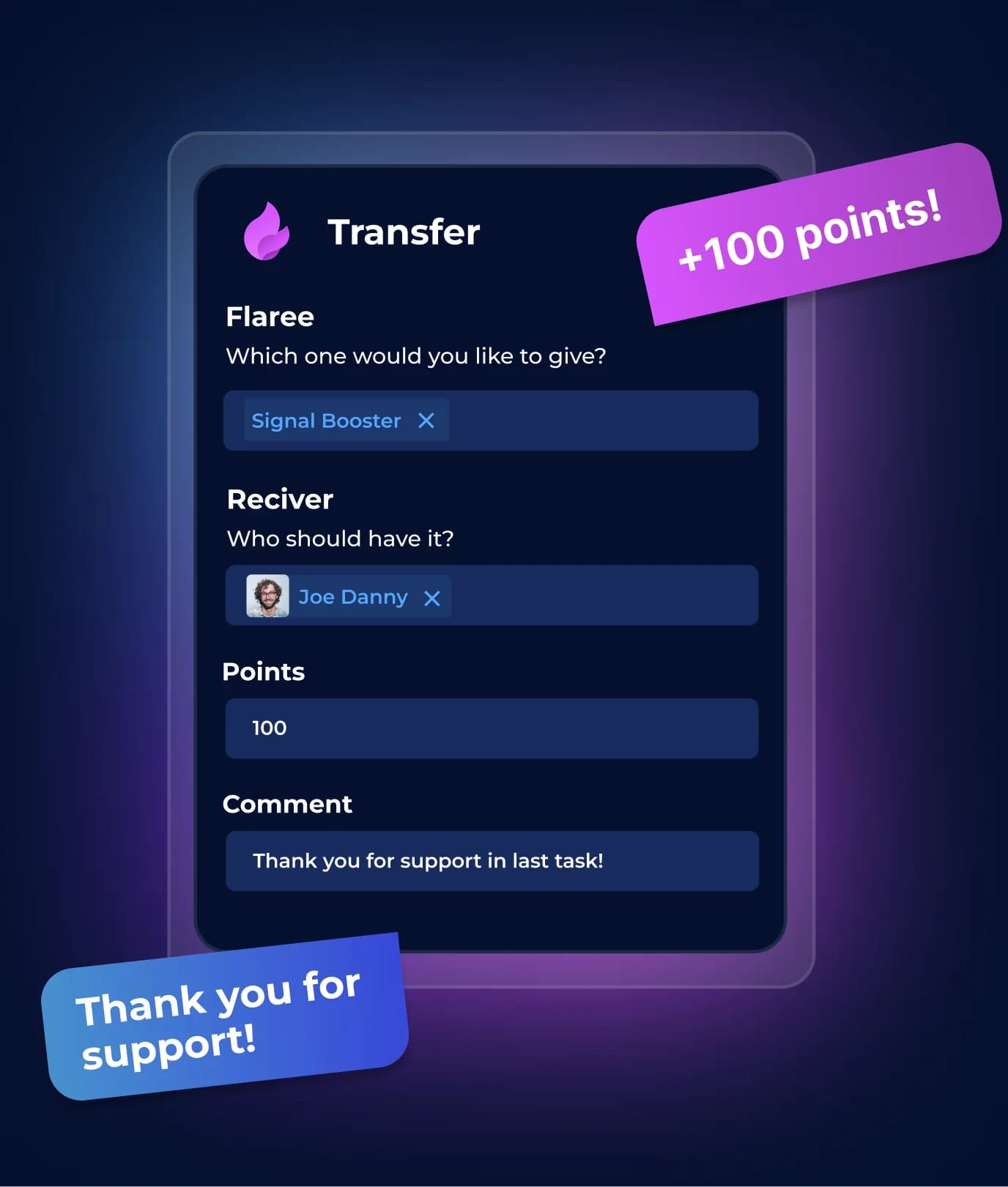 Flaree transfer screen: picking a recognition card, a teammate and the points to send