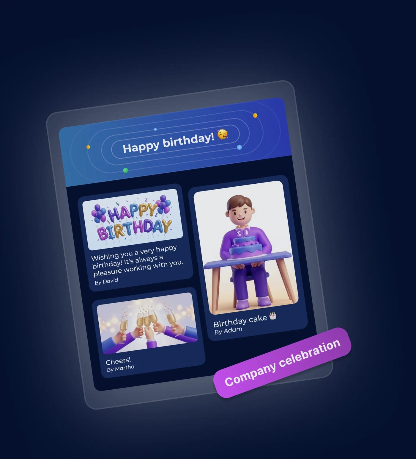 Flaree group board collecting birthday wishes, photos and notes from the whole team