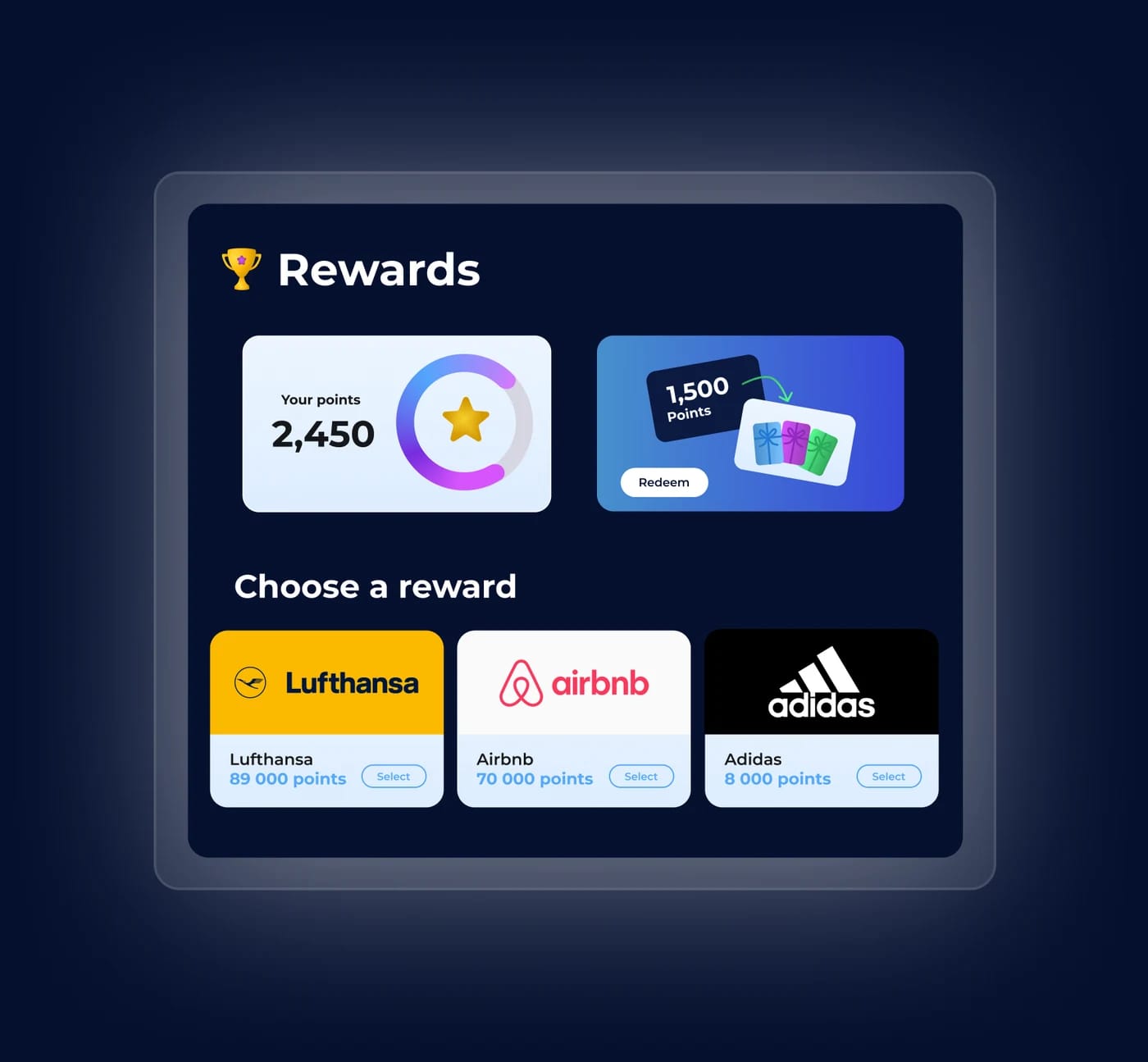 Flaree rewards screen showing a points balance and gift cards available to redeem