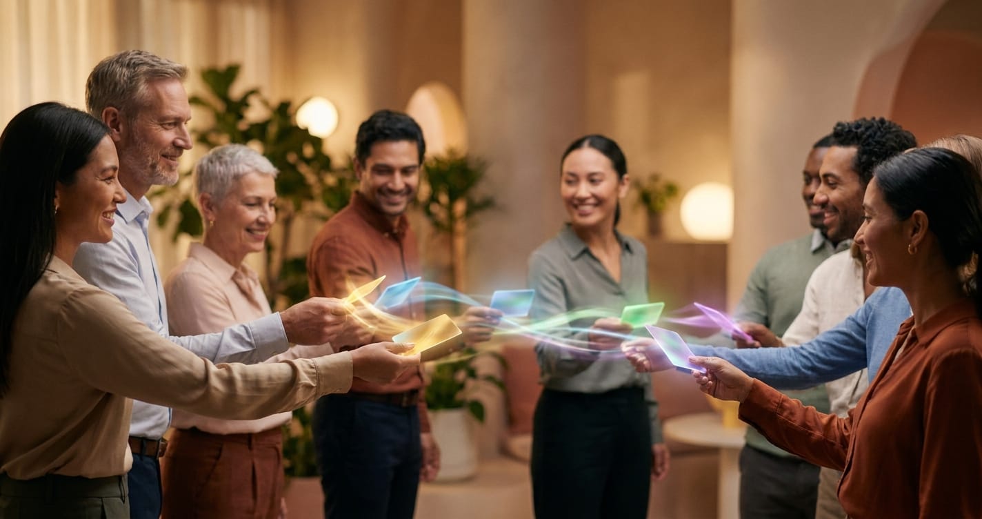 A warm, stylized depiction of diverse colleagues passing colorful, glowing appreciation cards directly to each other.