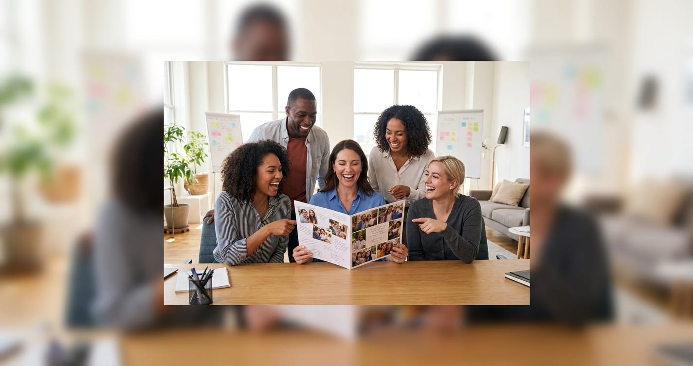 A vibrant workspace scene where a team is gathered around a desk, laughing together as they watch a colleague open a giant, personalized greeting card filled with photos.