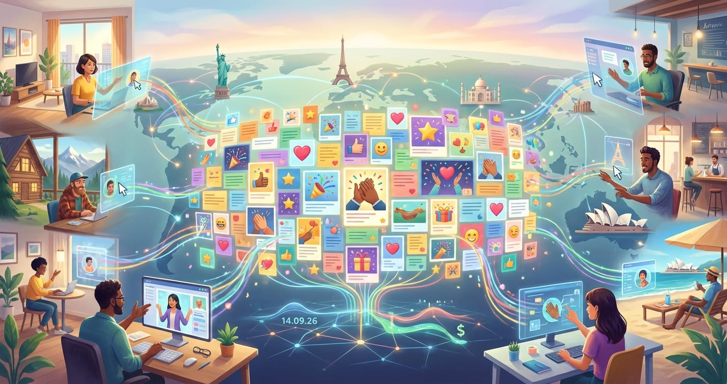 A vibrant illustration of a remote global team collaborating in real-time to build a giant, colorful digital appreciation board.