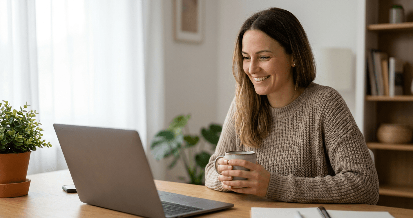 A professional smiles genuinely at their laptop screen in a sunlit home office, holding a warm coffee mug.