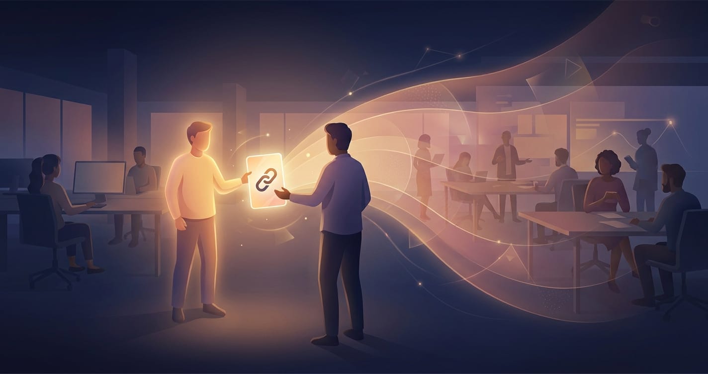 An elegant conceptual illustration showing a values-aligned recognition card being sent between team members, creating a glowing ripple effect that reaches the entire team.