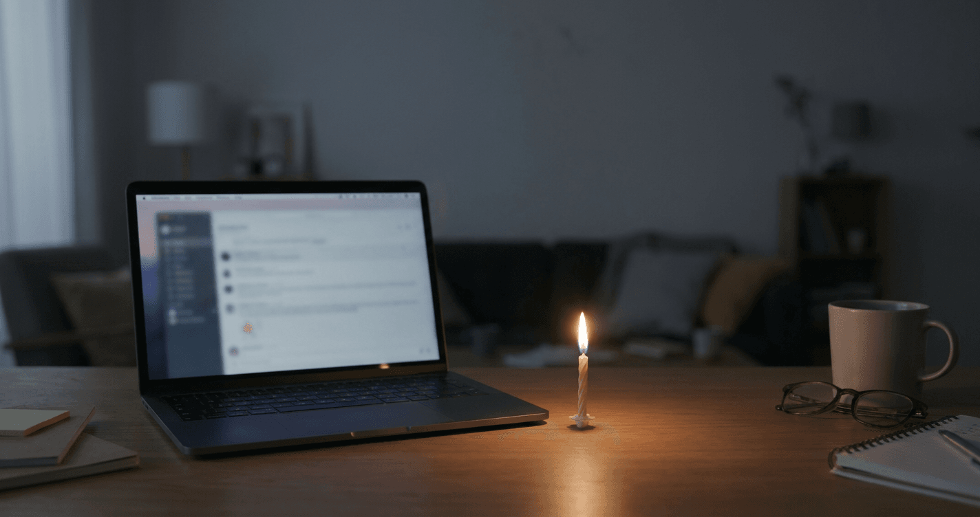 A single lit birthday candle beside an open laptop on a quiet home desk, highlighting the subtle isolation of remote milestones.