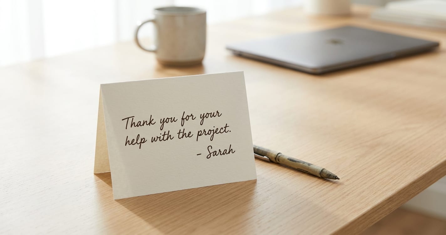 A close-up photograph of a simple, handwritten thank-you note on a clean office desk, capturing personal connection.