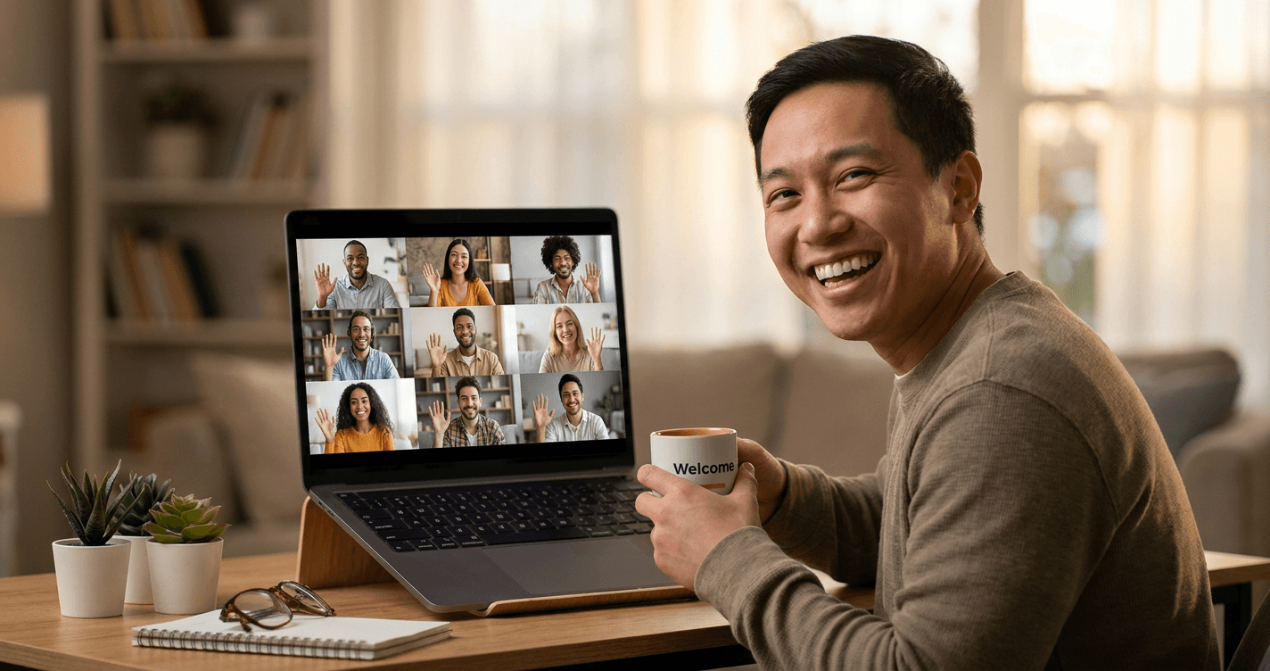 A new employee beams during a welcoming first-day video call with waving colleagues on screen.