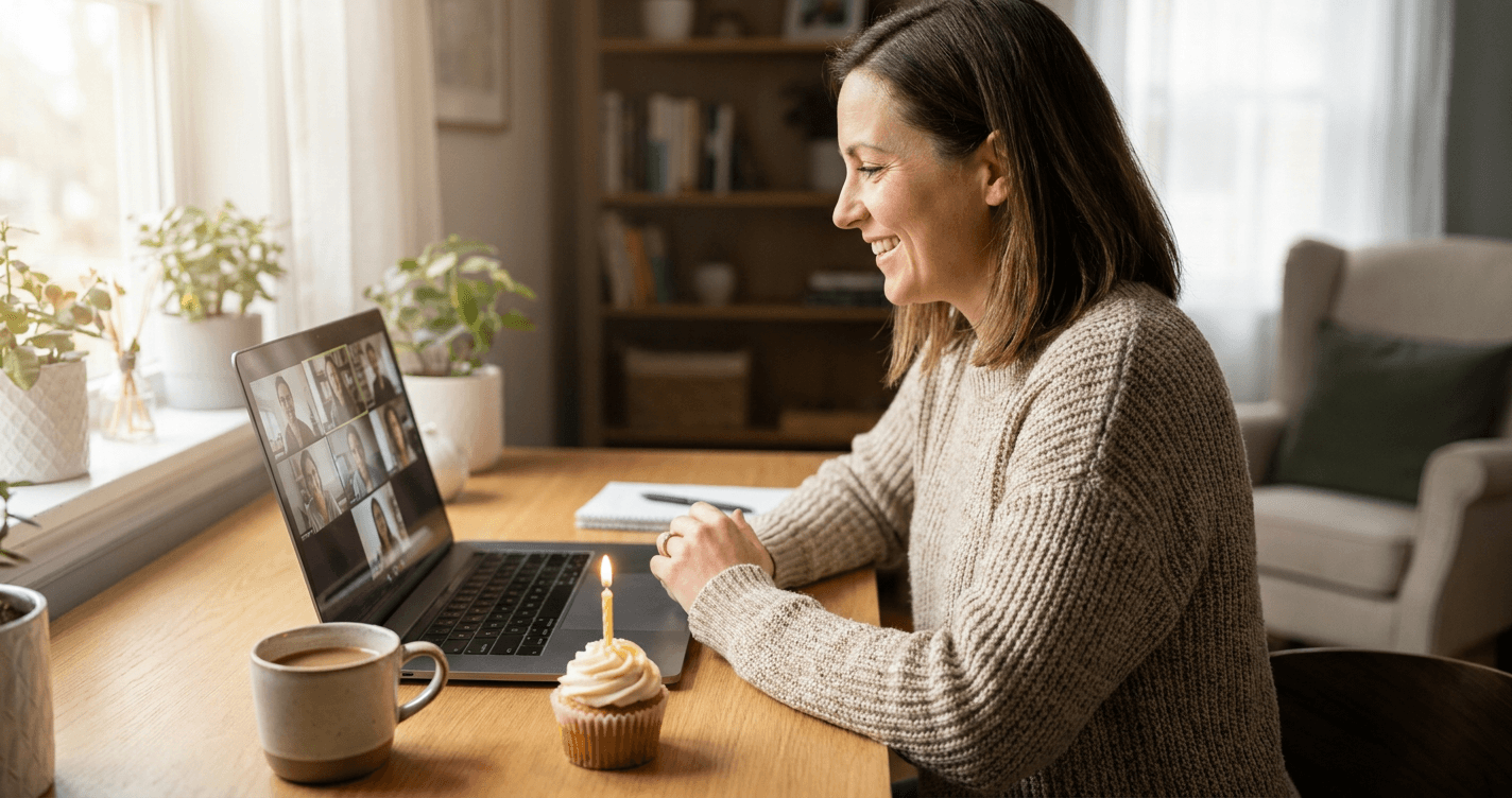 A remote worker smiles warmly at their laptop screen while a single celebration cupcake rests on the desk beside their coffee.