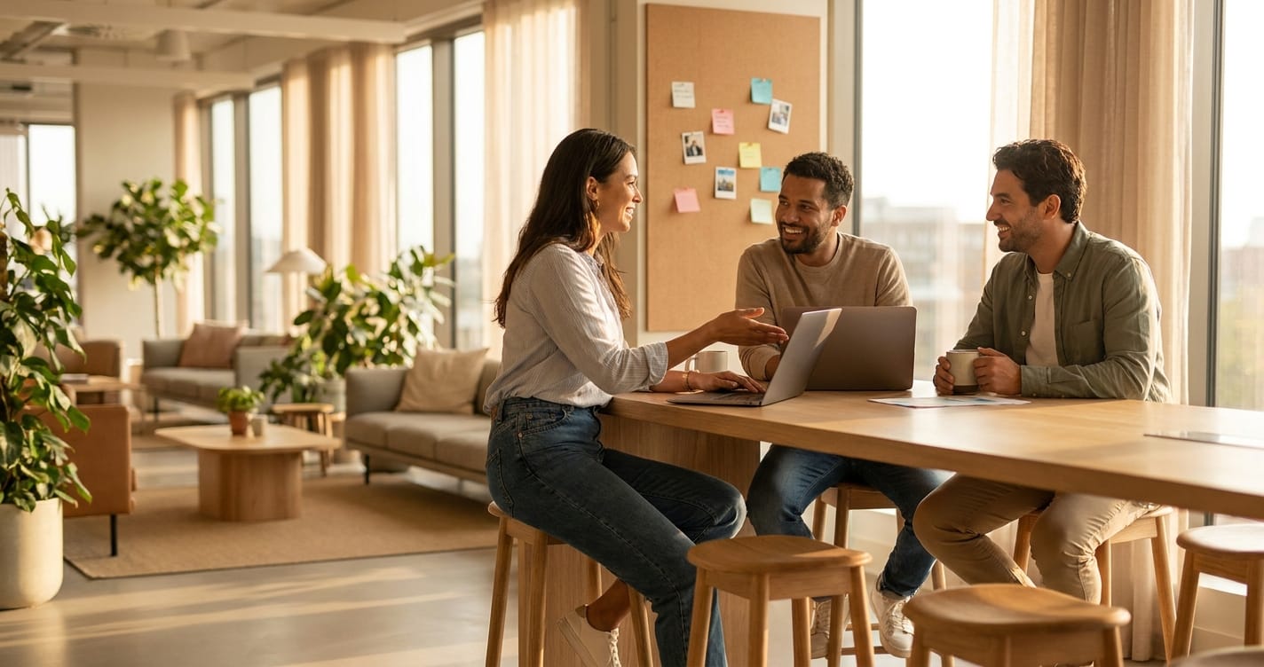 A warm, candid photograph of coworkers casually interacting in a modern office space, highlighting a culture of daily appreciation.