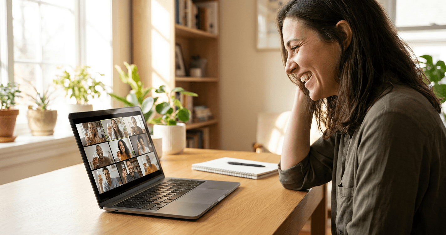 A remote worker in a sunlit home office smiles warmly at a laptop displaying a joyful grid of diverse colleagues celebrating.